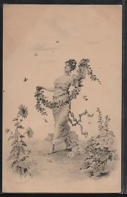 CF199 MM VIENNE ART NOUVEAU A/s CZECH BEAUTIFUL LADY WOMAN SUNFLOWERS 1902 • £9.63