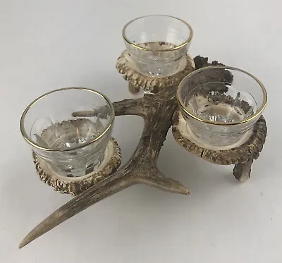 Vintage Resin Faux Antler Shot Glass Holder Rack Stand W/ 3 Glasses Hammer Sword • $43.19