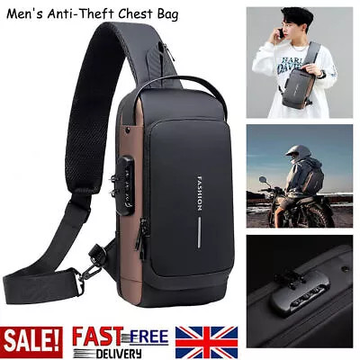 Men's Crossbody Bag Shoulder Sling Bag Anti-theft Lock Chest Bag With USB Port • £9.89