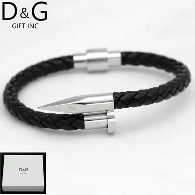 DG Men's Stainless Steel 8  Black Braided Leather Magnetic Nail Bracelet*BOX • $16.95