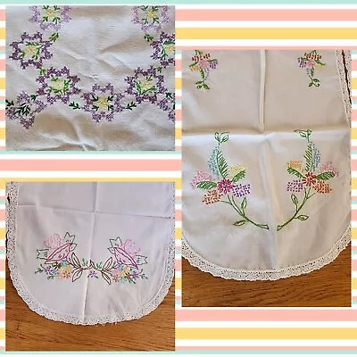 Grandma's Lot Of 4 Vintage Hand Embroidered Linen Dresser Scarves  • $20