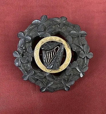 Antique Victorian Gutta Percha Vulcanite Irish GF Lyre Mourning Pin Brooch • $165