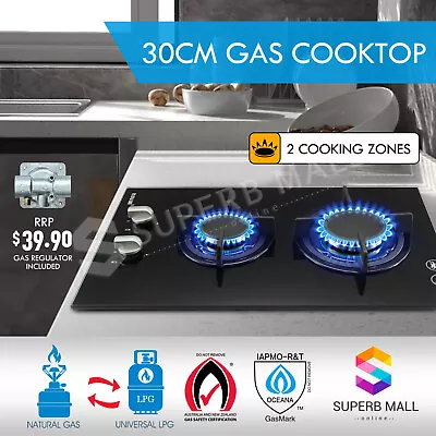 Maxkon Gas Cooktop 30CM Gas Stove Cooker Top Knobs 2 Burner NG LPG Glass Black • $129.89