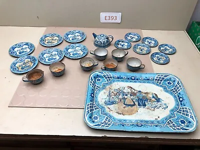 Vintage Metal Toy Tea Cup Set W/ Tray - Dutch Blue Delft • $44.95