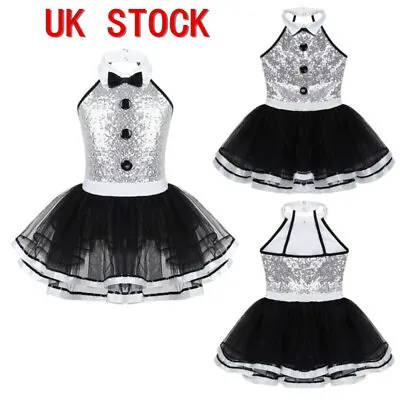 UK Kids Girls Tutus Ballet Dance Leotard Dress Shiny Sequins Halter Neck Skirts • £5.63