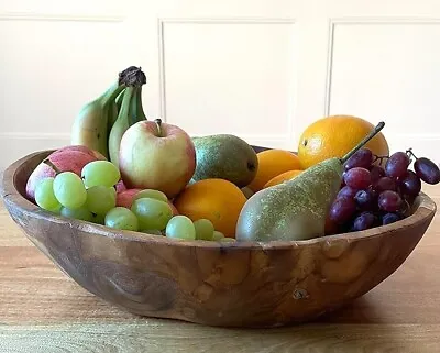 Wooden Fruit Bowl | Decorative Rustic Chunky Dish | Teak Hand Carved Salad Bowl • £32.99