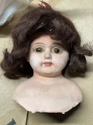 Vintage German Paper Mache Doll Head Brown Glass Eyes Red Lips Brown Hair  3”x4” • $45