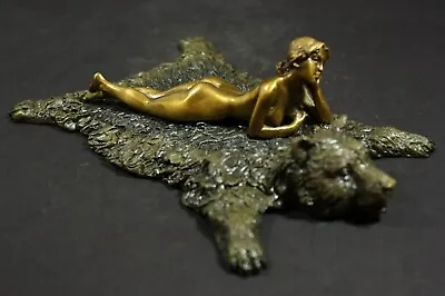 Vienna Bronze Statue Woman On A Bear Skin Polychrome Cold Painted • $329