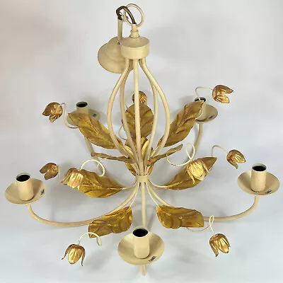 Vintage French 5 Arm Cream & Painted Gold Leaves & Flowers Metal Toleware Light • £86