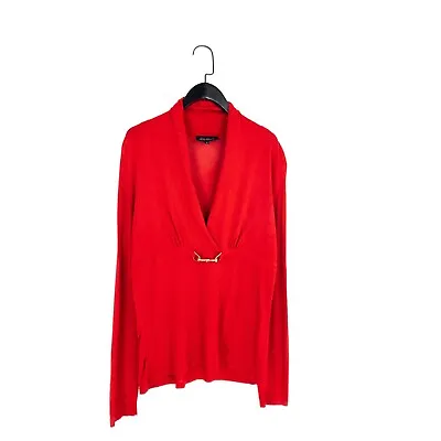 £17.99 • Buy Luisa Spagnoli Bright Red Fine Knit Buckle Belt Detail V Collar Jumper - Size L