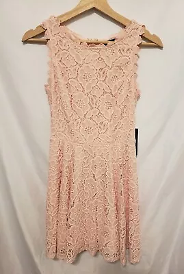 Jodi Kristopher Fit N Flare Dress Juniors Sz 3 Pink Crochet Overlay Sleeveless • $12.97