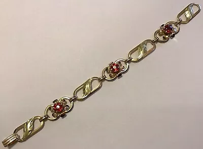 Vintage Art Deco 12k Gold Filled On Sterling Red Rhinestone Bracelet • $52