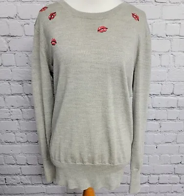 Markus Lupfer Women's 100% Merino Wool Gray Sweater Size Small Red Lips • $49.50