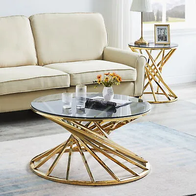 £119.99 • Buy Round Coffee Table Sofa Side Table With Smoked Glass Top Living Room Furniture