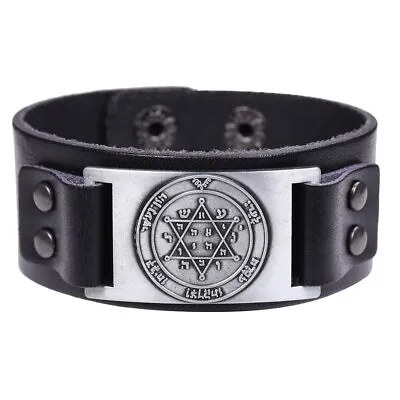 Vintage Solomon Star Of David Hexagram Charm Bracelets Men Wide Leather Bracelet • $6.56