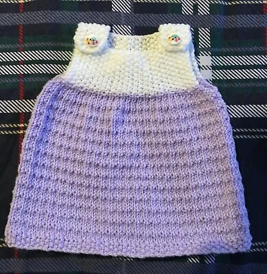 Hand Knitted Baby Dress Approx Size 0-6mths Lilac/White 2 Cute Turtle Buttons • £4