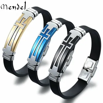 MENDEL Mens 8 Inch Stainless Steel Christian Silicone Cross Bracelet Wristband • $9.99