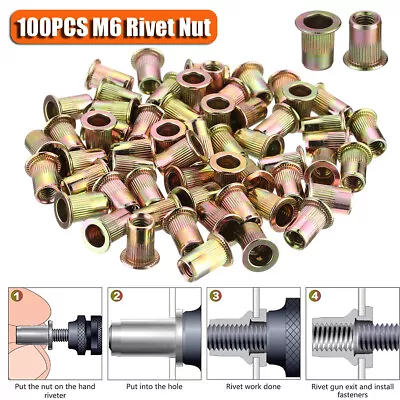 100Pcs M6 Metric Carbon Steel Rivet Nut Flat Head Threaded Insert Nutsert  • $11.59