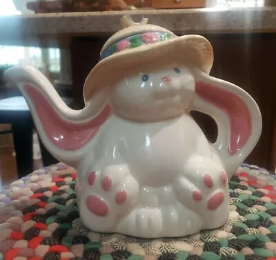 Vintage Treasure Craft Bunny Rabbit Teapot Butterfly On Hat Lid Ceramic USA Made • $24.95