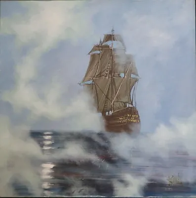 Vintage Lee Reynolds Vanguard Studios Oil Painting Sailing Ship In Fog 40  X 40  • $130.50