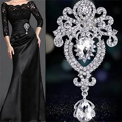 £5.47 • Buy Silver Large Flower Bridal Brooch Rhinestone Crystal Diamante Wedding Broach Cs