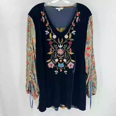 John Mark Velvet Floral Embroidered Boho Top Blouse Plus Sz 2X Blue Tunic Artsy • £47.46