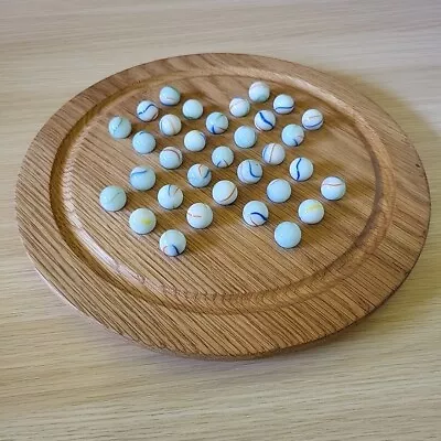 Vintage Round Wooden Solitaire Marbles Game Board Handmade - With Marbles • £15