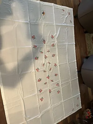 Vintage Embroidered Christmas Tablecloth 68” By 96  Poinsettias With 8 Napkins • $35