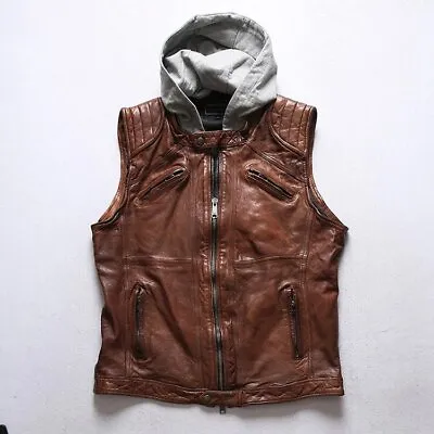 Men Motorcycle Biker Vintage Distressed Brown Leather Vest With Detachable Hood • $89.99