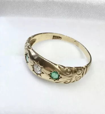 ANTIQUE VICTORIAN NATURAL EMERALD DIAMOND STARBURST RING 15K YG CIRCA 1900s • $846