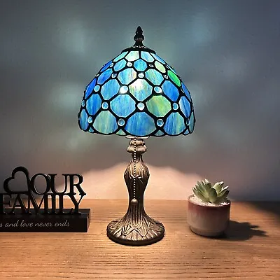 Tiffany Style Mini Table Lamp Blue Stained Glass Crystal Beans LED Bulb 14 H*8”W • $91.99