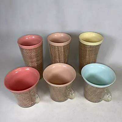 Set ~ 6 Vintage Raffia Raffiaware Burlap Rattan Melmac Plastic Tumblers & Mugs • $22.49