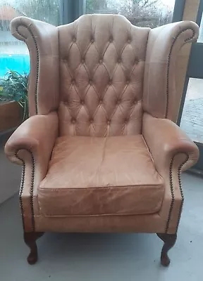 Hallglen Waxed Leather Wing High Back Chesterfield Armchair • £349