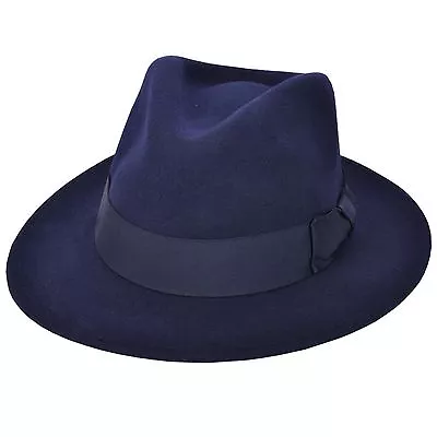 Gents Crushable Navy Indiana 100% Wool Felt Fedora Trilby Hat With Wide Band  • £28.99