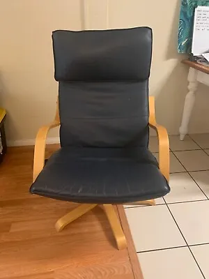 RARE IKEA POÄNG Rocker Swivel Lounge Chair Blue Leather Cushion • $400