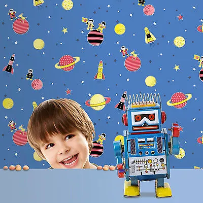 Space Planets Rockets Kids Boys Blue Wallpaper Debona 20006 • £7.95