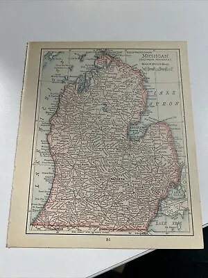 Rand McNally & Co Antique 1899 Map Of Michigan (Southern Peninsula) 7x6 • $9.25