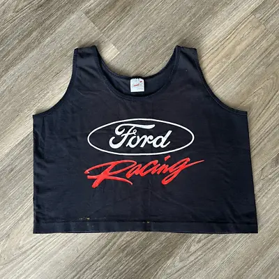 Vtg 90s Ford Racing Graphic Cropped Tank Top Black Single Stitch Womens Large • $22
