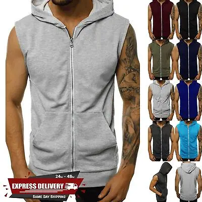 Mens Sleeveless Hooded Zipper Sweatshirt Hoodie Gilet Jacket Casual Jumper Top • £5.99