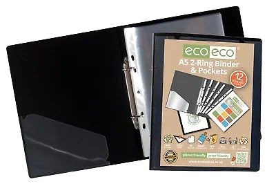 £15.29 • Buy A5 Slim Ring Binder + 12 Plastic Punched Pockets Quality BLACK Folder Eco-eco