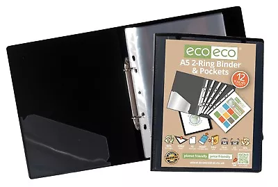 A5 Slim Ring Binder + 12 Plastic Punched Pockets Quality BLACK Folder Eco-eco • £5.19