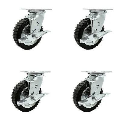 6 Inch Black Pneumatic Wheel Swivel Casters With Brakes And Bolt Swivel Lock Set • $234.01