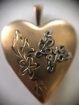 Vintage Locket Pendant Gold Fill Heart - Engraved Leaves & Relief  I Love You  • $32.95