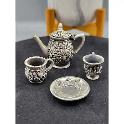 Vintage Silver Plate Miniature Ornate Tea Set Teapot 2 Cups And Saucer • $11.20