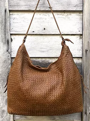 Vtg PLATANIA Intrecciato Tan/Brown WOVEN LEATHER Hobo LAPTOP Bag Italy L (Offer} • $75