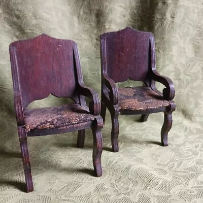 Handmade German Dollhouse Chairs Dark Floral Upholstery Set Of Two 2 Antique  • $49.99