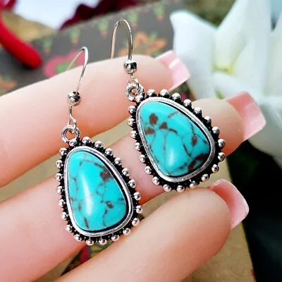 Classic Design Turquoise Silver Handmade Dangle Earring-Silver Hook Earring • £13.99