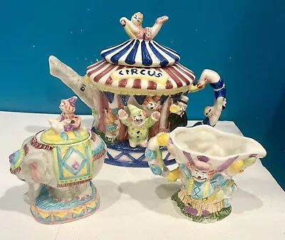 Vintage 1995 Mercuries Hand-painted Ceramic Circus Teapot Sugar Creamer • $29.95