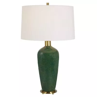 Classic Mottled Dark Green Gloss Ceramic Table Lamp 29 In Moss Antiqued Brass • $394