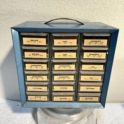 Vintage AKRO-MILS Blue Metal 18 Drawer Storage Organizer Cabinet 10x10x6-1/2” • $30